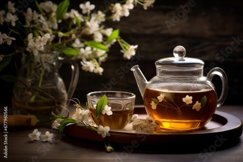Experience tranquility with a warm cup of Jasmine tea placed on an old wooden table with fresh Jasmine flowers around