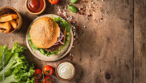 top view of Tasty hamburger on wood background. Space for text. AI Generated.