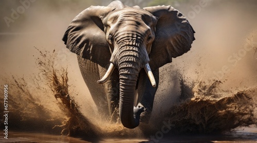 Elephant Fleeing Predators Running towards the Camera through the Muddy Water in the Forest Wildlife Herbivores Animal Photography Endangered Species Nature Environmental Conservation Protection © Vibes 16:9 by ac