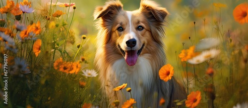 lush green garden a happy dog with a cute face could be seen surrounded by colorful flowers embodying the joy of nature summer The background of the portrait was a blend of spring grass and