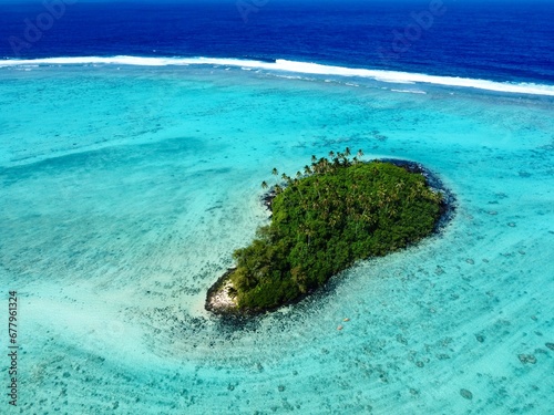 Aerial shot of Taakoka. A little island off Muir Beach in Rarotonga, Cook Islands.