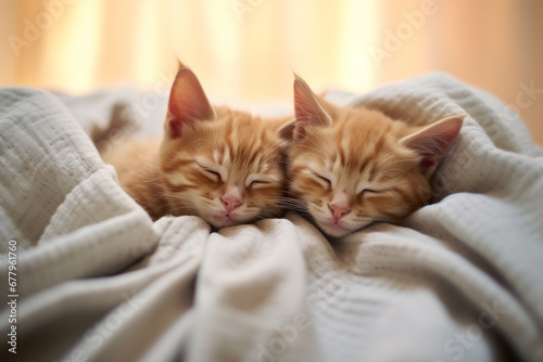two kittens sleeping in bed