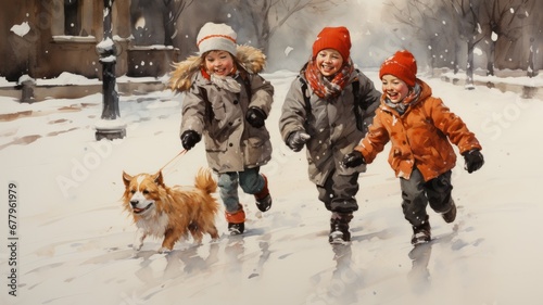 illustration of boy playing with snow making snowmen snowy landscape, cold clothes