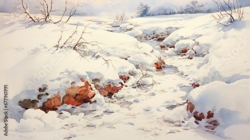 illustration of boy playing with snow making snowmen snowy landscape, cold clothes