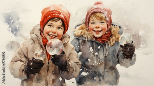 illustration of boy playing with snow making snowmen snowy landscape, cold clothes