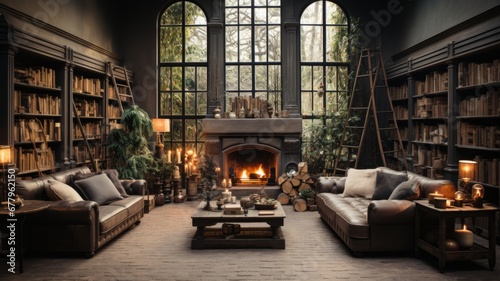 interior of an industrial-type loft decorated for Christmas  fireplace and decorated Christmas tree in the background