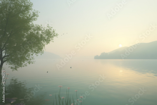Misty lake in sunset and clear sky
