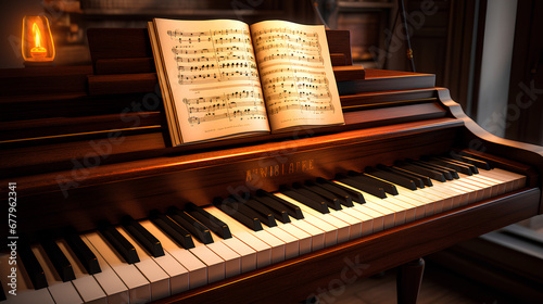 Hearthstone style, piano keys, music sheet on top of piano