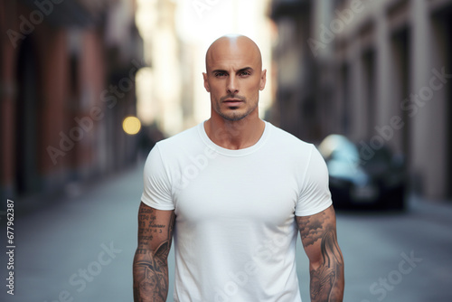 handsome man on the street in an empty white T-shirt