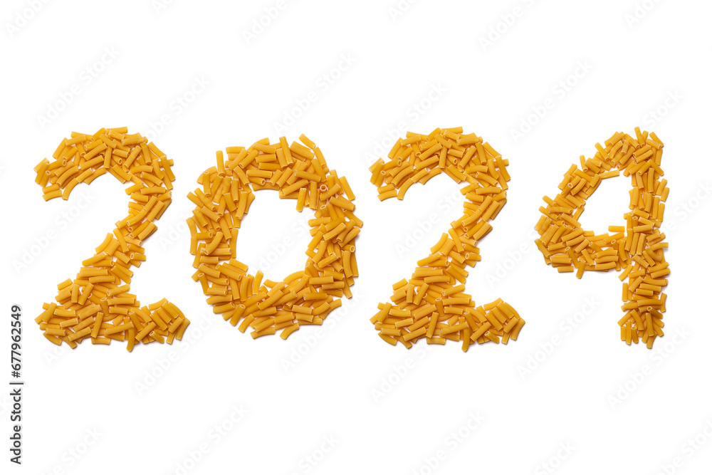 Calendar header number 2024 made of pasta on a white background. Happy New Year 2024 colorful background. Calendar header number 2024 made of pasta on a white background. Happy New Year 2024 colorful background.