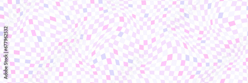 Vector distorted checkered seamless pattern. Groovy twisted grid. Psychedelic dynamic banner background. Retro 70s trippy hippie wavy aesthetic chess backdrop in soft light pink violet pastel colors