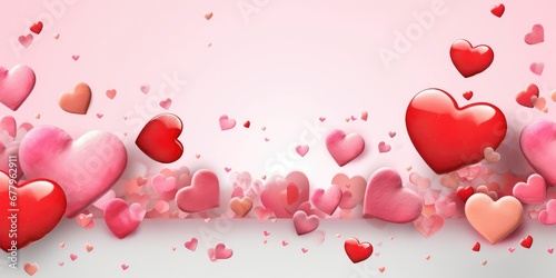 A festive banner with voluminous shiny hearts on a pink background. Valentine's Day. Copy space