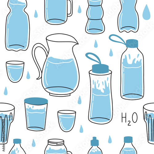 Vector drink more water seamless pattern. Trendy water print with glass  jar  jug and bottle of water on a white background. Don t forget to moisturize. Package design.