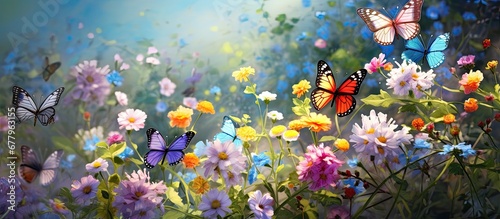 In the meadow amidst the vibrant spring foliage a stunning floral garden showcased an array of colorful petals attracting the delicate wings of butterflies to the blossoming plants and tree photo