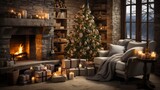 decorated room to receive Christmas, little Christmas tree decorated with spheres, ribbons and lights, fireplace with a lit bonfire