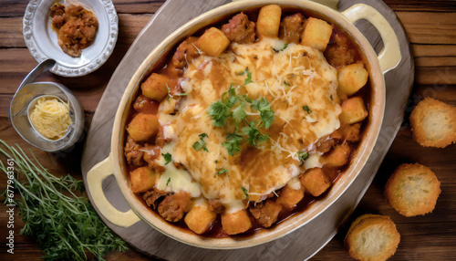 A top-down shot captures the charm of a Midwest-style hot dish, featuring layers of tater tots, ground beef, and melted cheese, providing a hearty and nostalgic comfort meal