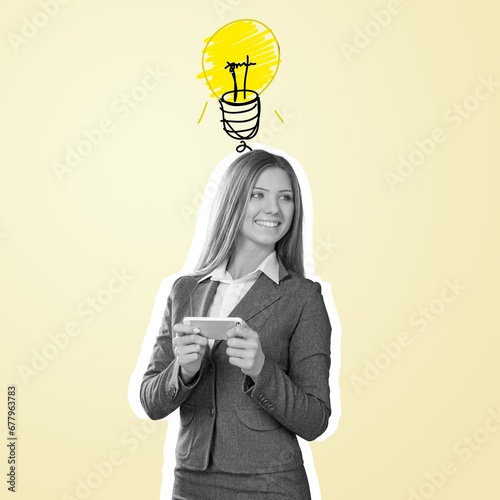 Collage of minded girl with phone and light bulb