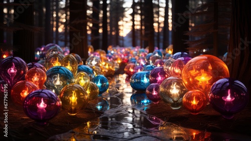Christmas spheres decorated with lights inside, reflections of the melted snow from the previous night, purple, red and blue colors