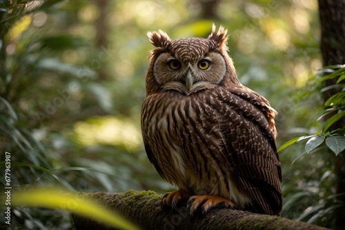 Immerse in nature's enchantment with a stealthy brown fish owl, spotted amidst lush jungle foliage under the soft morning light. Ultra-realistic imagery inspired by National Geographic's style photo