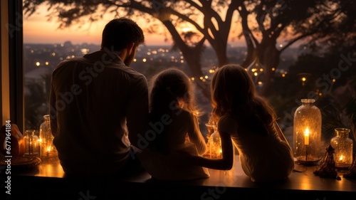 family gathered on Christmas Eve with lit candles in the background watching the sunset landscape through the window