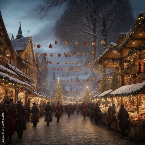  In a snowy medieval town square Christmas market © ModuzTv