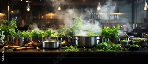 spacious white kitchen of the restaurant a wooden table stands adorned with an assortment of vibrant green and black vegetables The concept of cooking with steam is embraced as the air fills