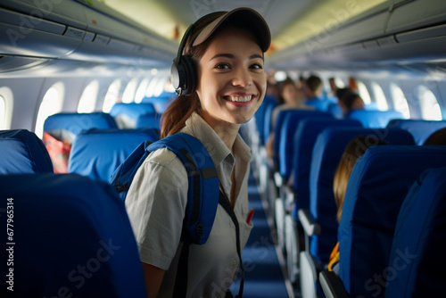 female backpacker traveler passenger Smiling on the plane in front of the passenger seat bokeh style background © toonsteb