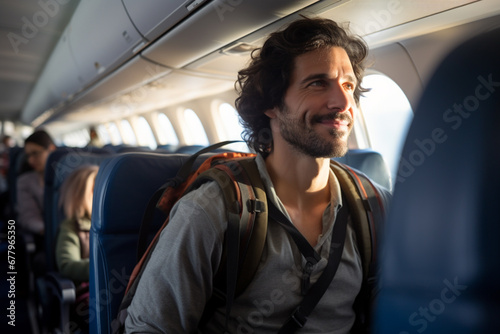 male backpacker traveler passenger Smiling on the plane in front of the passenger seat bokeh style background