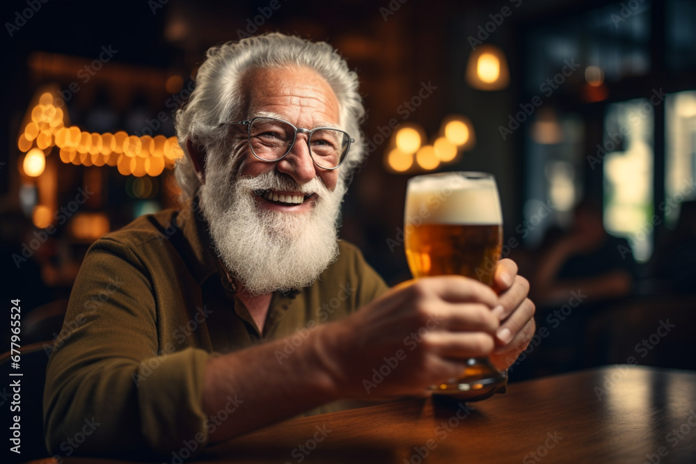 happy old man holding a beer on the bar counter