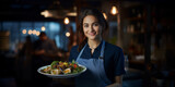 A female waitress holding a plate of food and smiling, styled in socially engaged work, with authentic details and light amber and indigo tones.