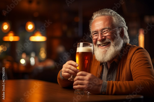 happy old man holding a beer on the bar counter bokeh style background