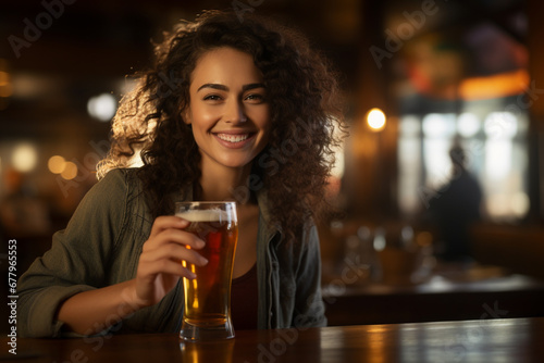 happy women holding a beer on the bar counter bokeh style background