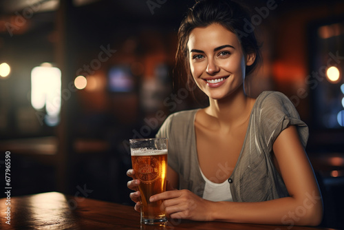 happy women holding a beer on the bar counter bokeh style background