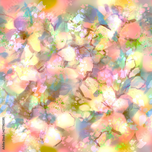 Fototapeta Naklejka Na Ścianę i Meble -  Lush spring bloom Pastel pink yellow blue purple layered flowers Abstract blur painted background
