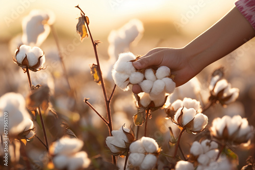 farmer hands harvesting cotton tree at cotton field bokeh style background