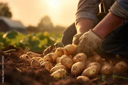 farmer hands harvesting potatoes at potato field bokeh style background