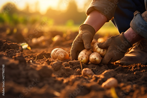 farmer hands harvesting potatoes at potato field bokeh style background