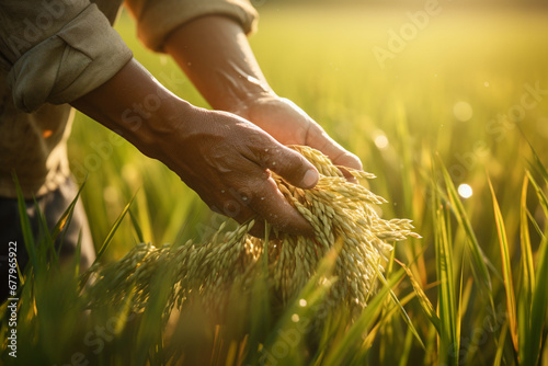 farmer hands harvesting rices tree at rice farm bokeh style background