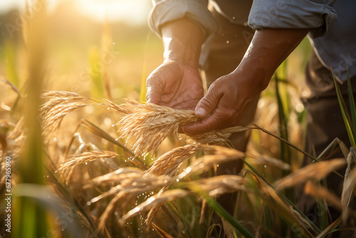 farmer hands harvesting rices tree at rice farm bokeh style background photo