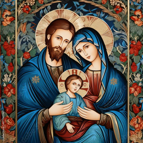 The holy family depicted with Jesus, showcasing iconographic motifs and lively brushwork. photo