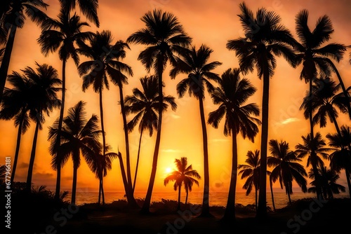A tropical sunset is shown. There are palm trees in silhouette