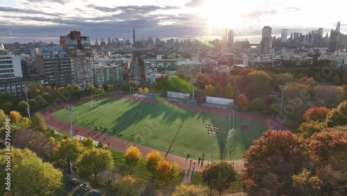 Aerial shot of McCarren Park in Williamsburg, Brooklyn on an autumn afternoon. photo