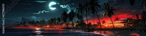 fantasy scene containing a red light beach city under full moon © Ross