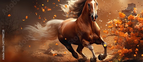 In the lush beauty of summer amidst vibrant nature and blossoming spring a majestic stallion with his chestnut and bay hued portrait embodied freedom and grace as he galloped with his equest
