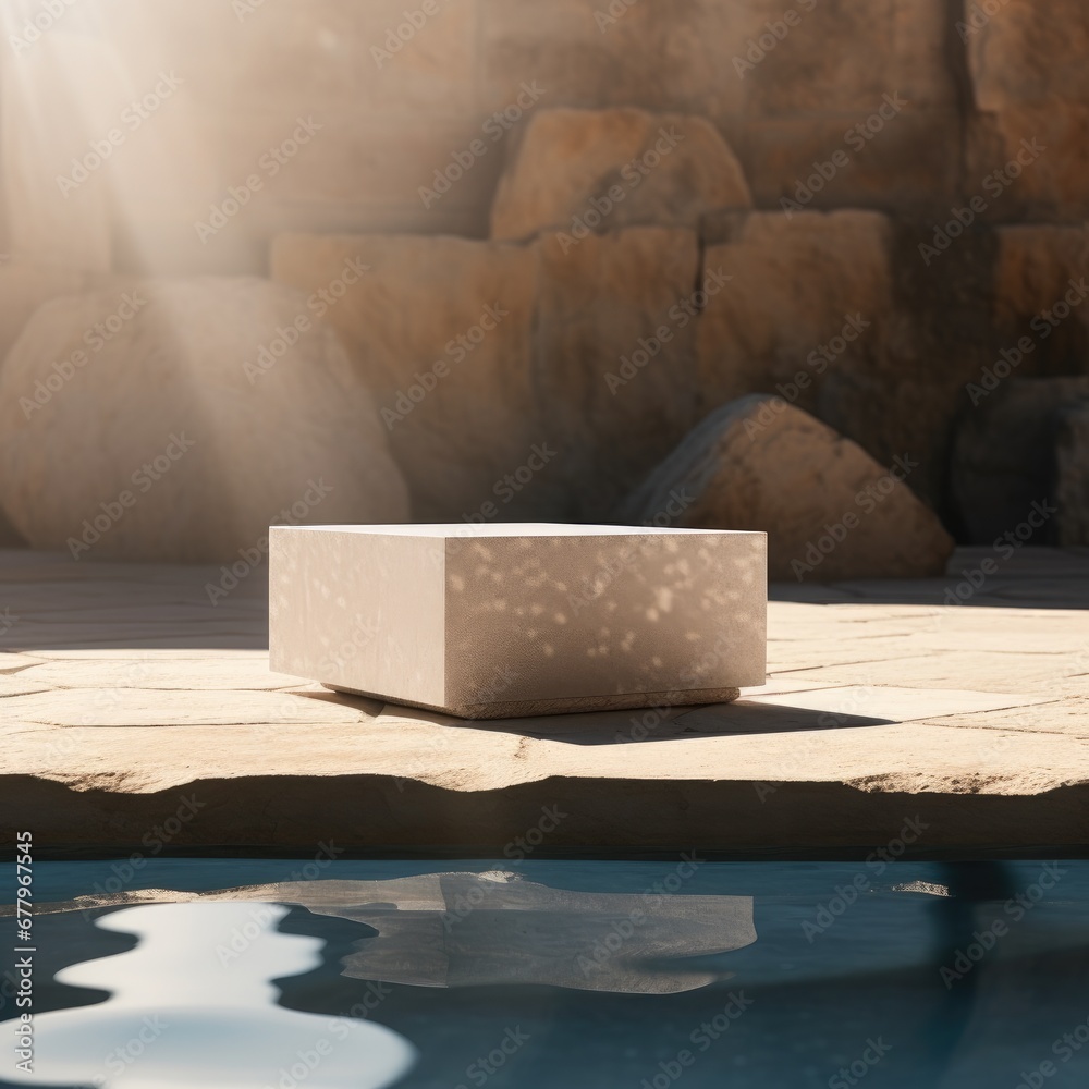 Empty natural stone podium for product display on a rocky background with clear water