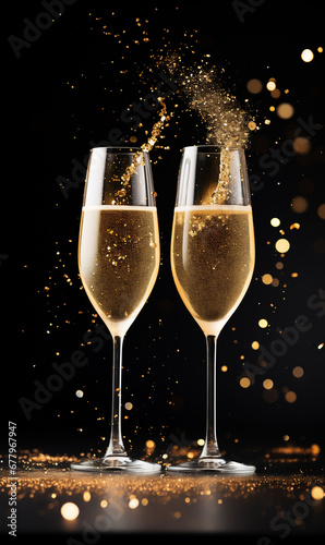 Glasses of champagne on dark background with bokeh effect and copy space