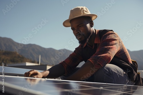 african american engineer installing a solar panel  black man professional technician person working on a sustainable alternative sun electricity energy generator with photovoltaic cells © Alan