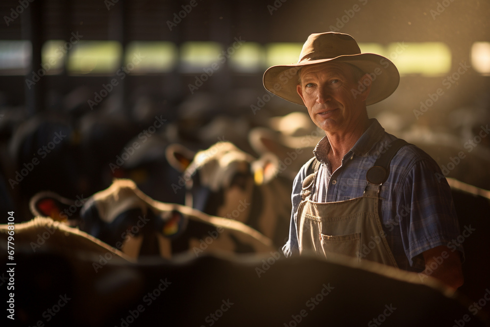 farmer man pasthuring cows in his farm bokeh style background