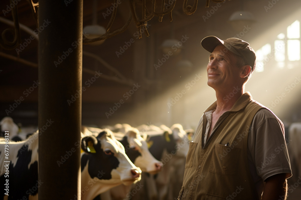 farmer man pasthuring cows in his farm bokeh style background