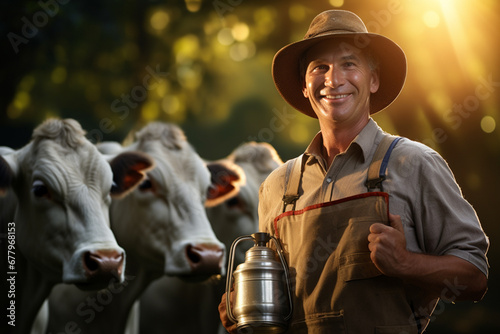 farmer man holding milk tank in front of his cows bokeh style background